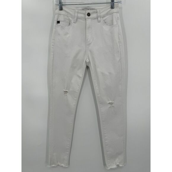KANCAN White High Rise Distressed Raw Hem Ankle Skinny Jeans Size 5/26 - Picture 1 of 6